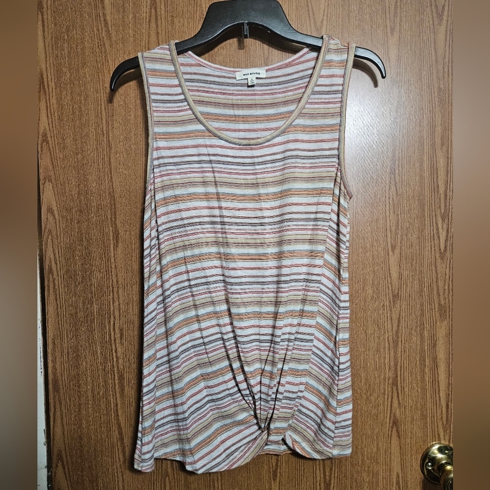 Max Studio rainbow Striped Women's Knit Top Tank Knot Twist Detail Size Small!